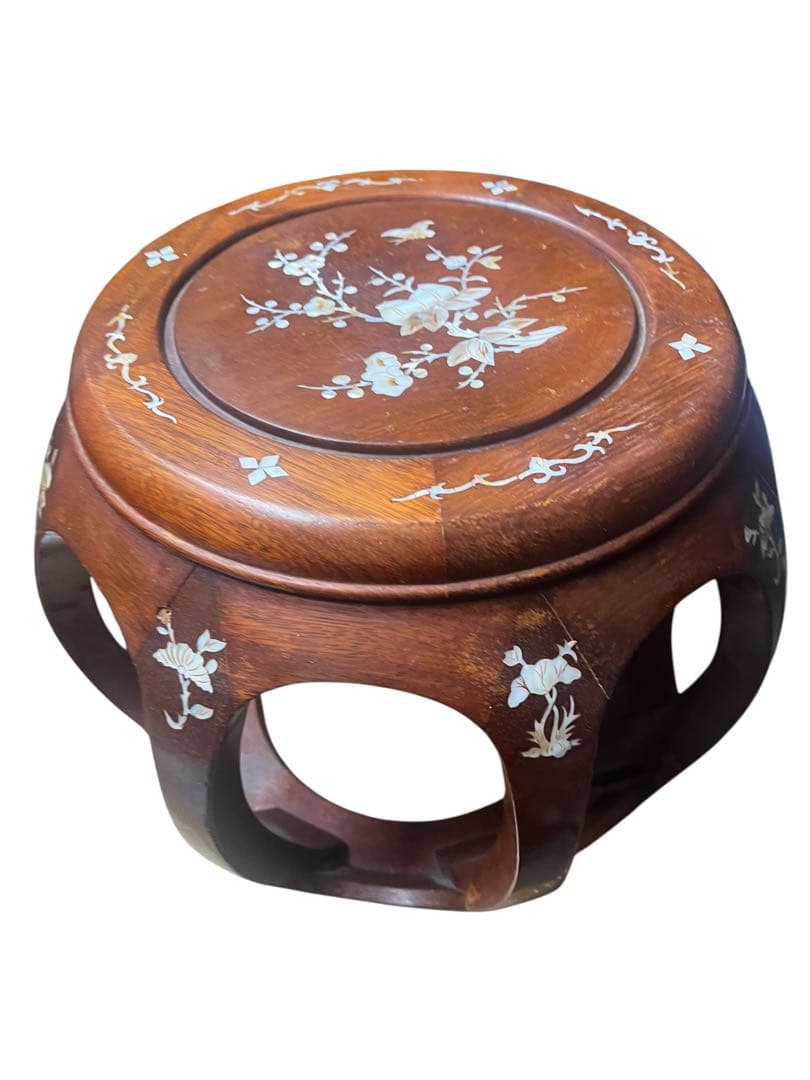 花梨 無垢 螺鈿細工 丸椅子 スツール 腰掛け 中国美術 工芸品　2個セット