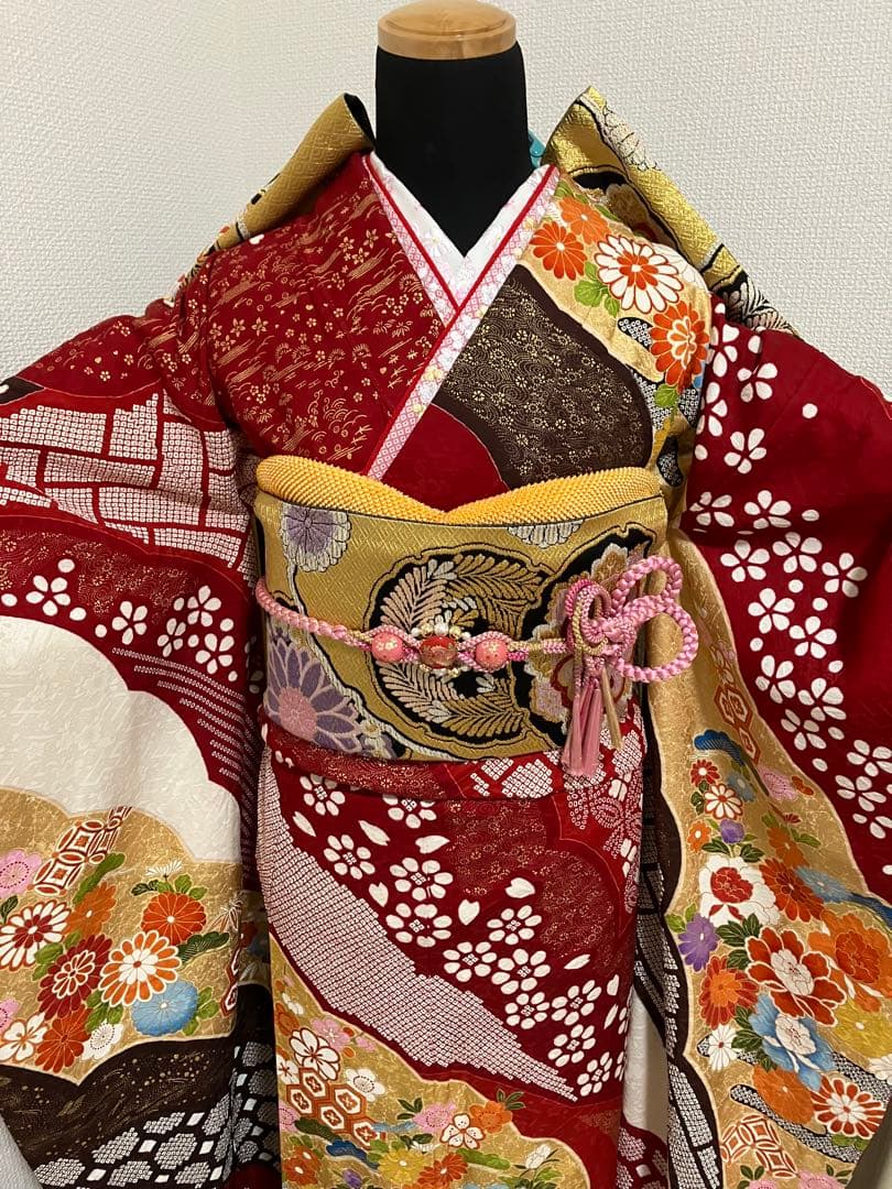 上質！赤の部分絞り正絹振袖 全て揃ったフルセット Mサイズ