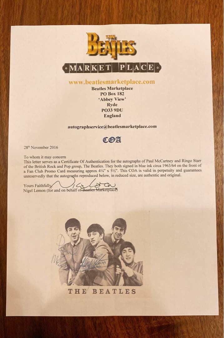 ビートルズ  ポール・マッカートニー＆リンゴ・スター直筆サイン入り　鑑定書付