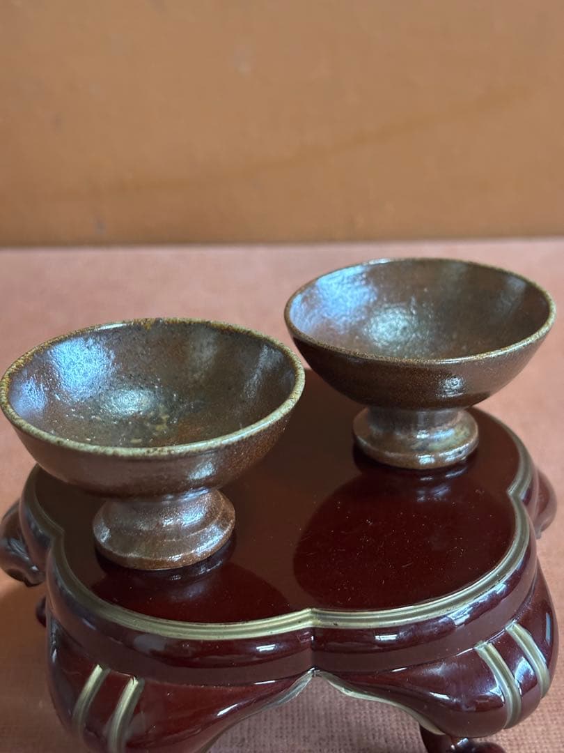 やまちゃん河井寛次郎作柿緑白釉鶴首瓶鉄釉高台盃台二客検森の初春に捧ぐ