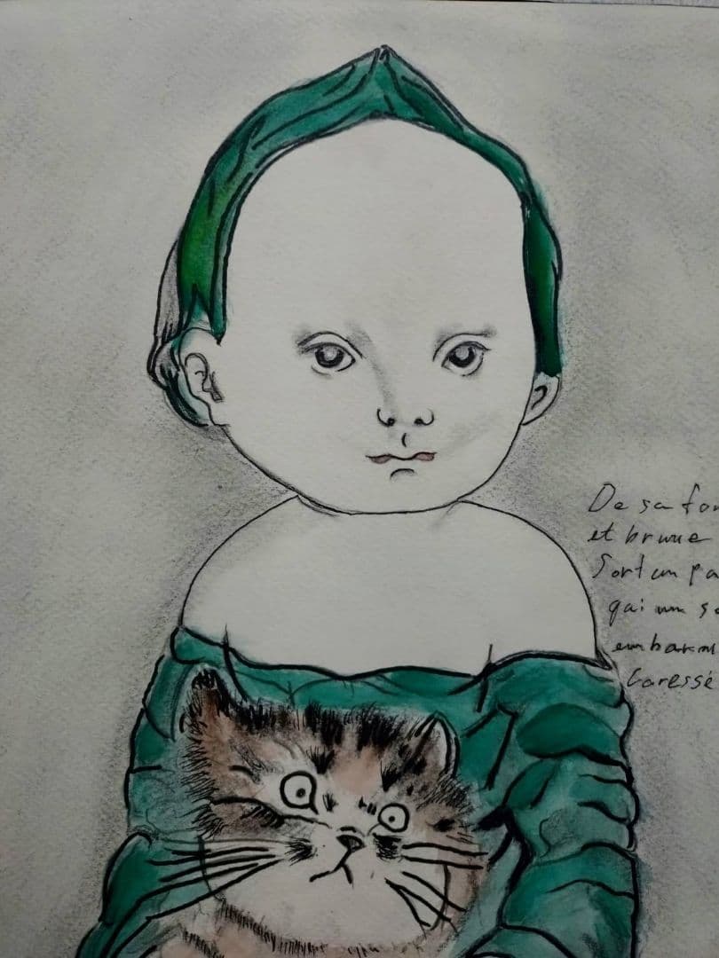 【F6号】藤田嗣治【猫を抱く少女】手描き/サイン・鑑定書有り/鉛筆/ペン/水彩