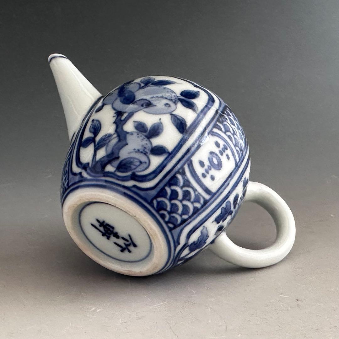 煎茶道具　青華花弁文　茶瓶　急須　初代　三浦竹軒　共箱　染付　京焼　茶器　茶会