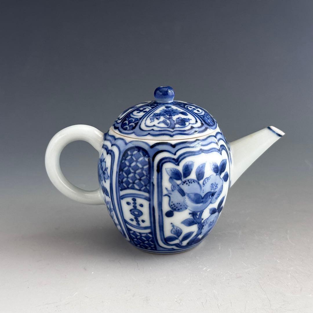 煎茶道具　青華花弁文　茶瓶　急須　初代　三浦竹軒　共箱　染付　京焼　茶器　茶会