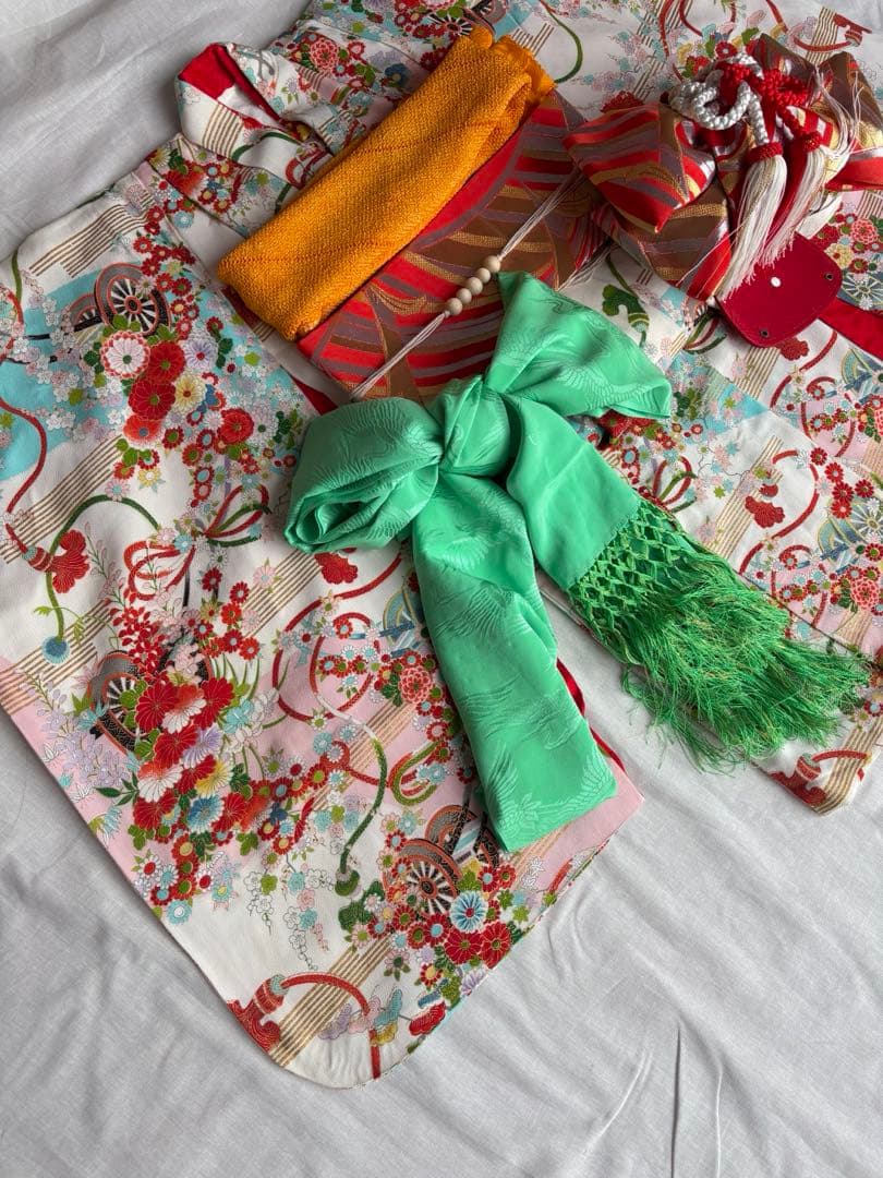 七五三 3歳 女の子 アンティーク着物 帯 エプロン被布 セット