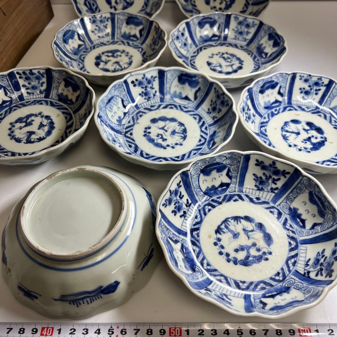 古伊万里　輪花染付膾皿9客　木箱付　幅約15.5㎝　東Y7-0924⑤タサチ