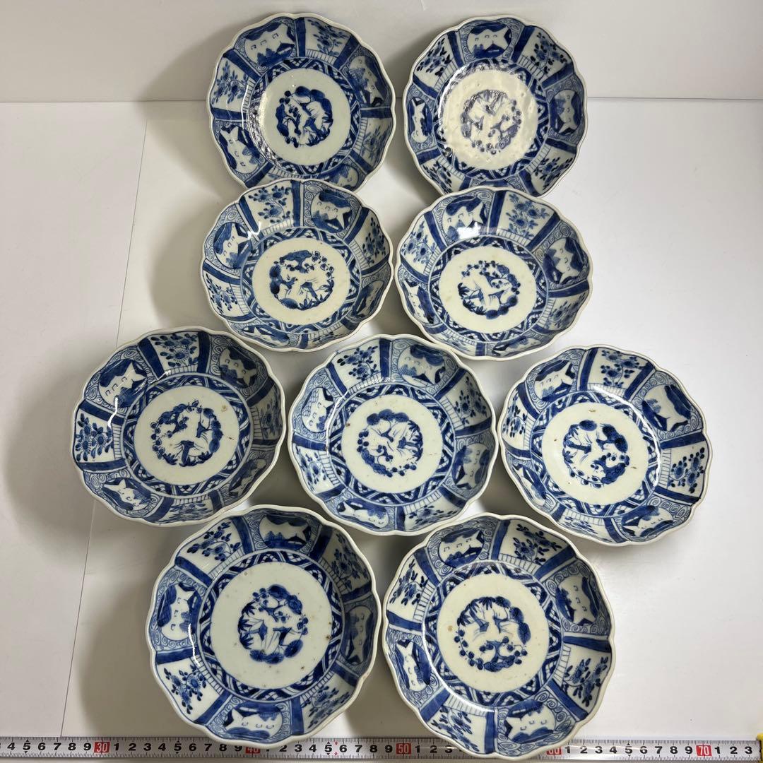 古伊万里　輪花染付膾皿9客　木箱付　幅約15.5㎝　東Y7-0924⑤タサチ