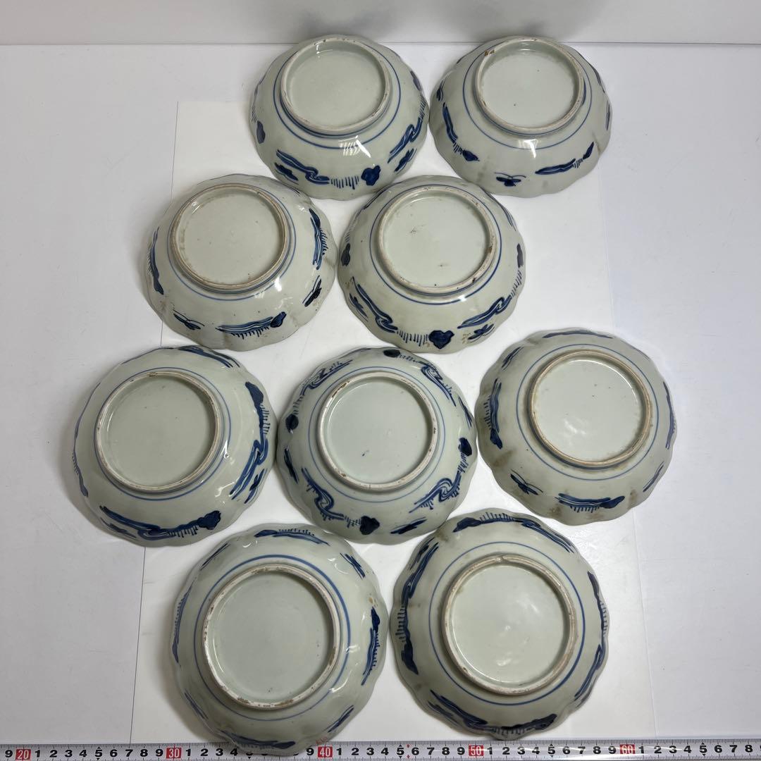 古伊万里　輪花染付膾皿9客　木箱付　幅約15.5㎝　東Y7-0924⑤タサチ