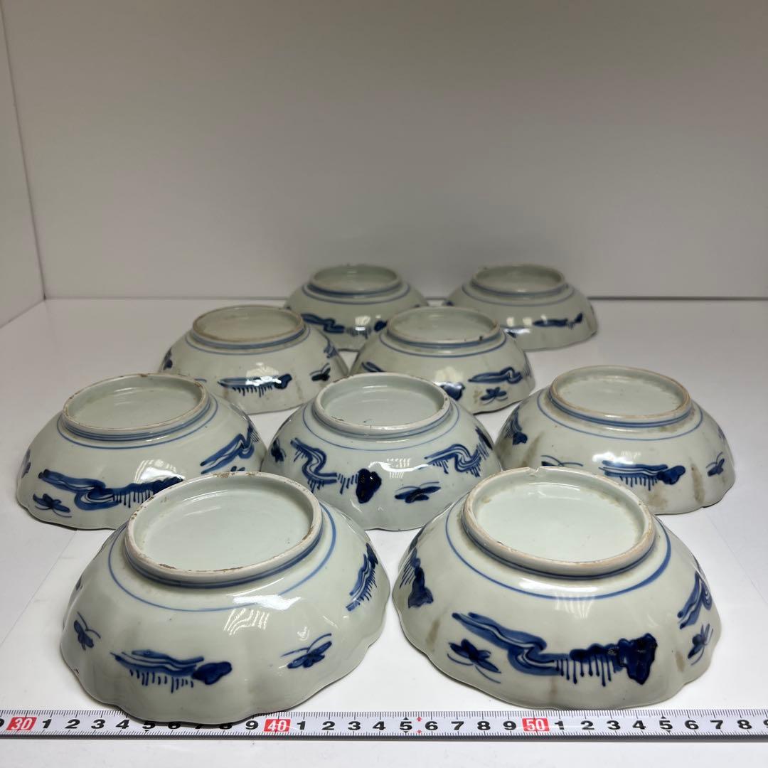 古伊万里　輪花染付膾皿9客　木箱付　幅約15.5㎝　東Y7-0924⑤タサチ