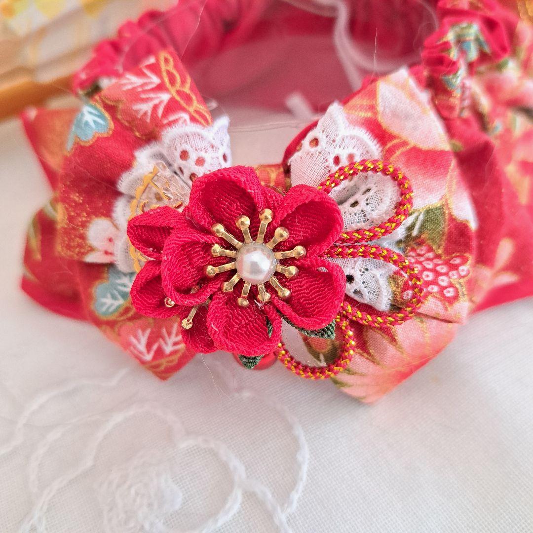 幅広シュシュ、和風妻み細工(赤③)わんちゃん猫ちゃん用