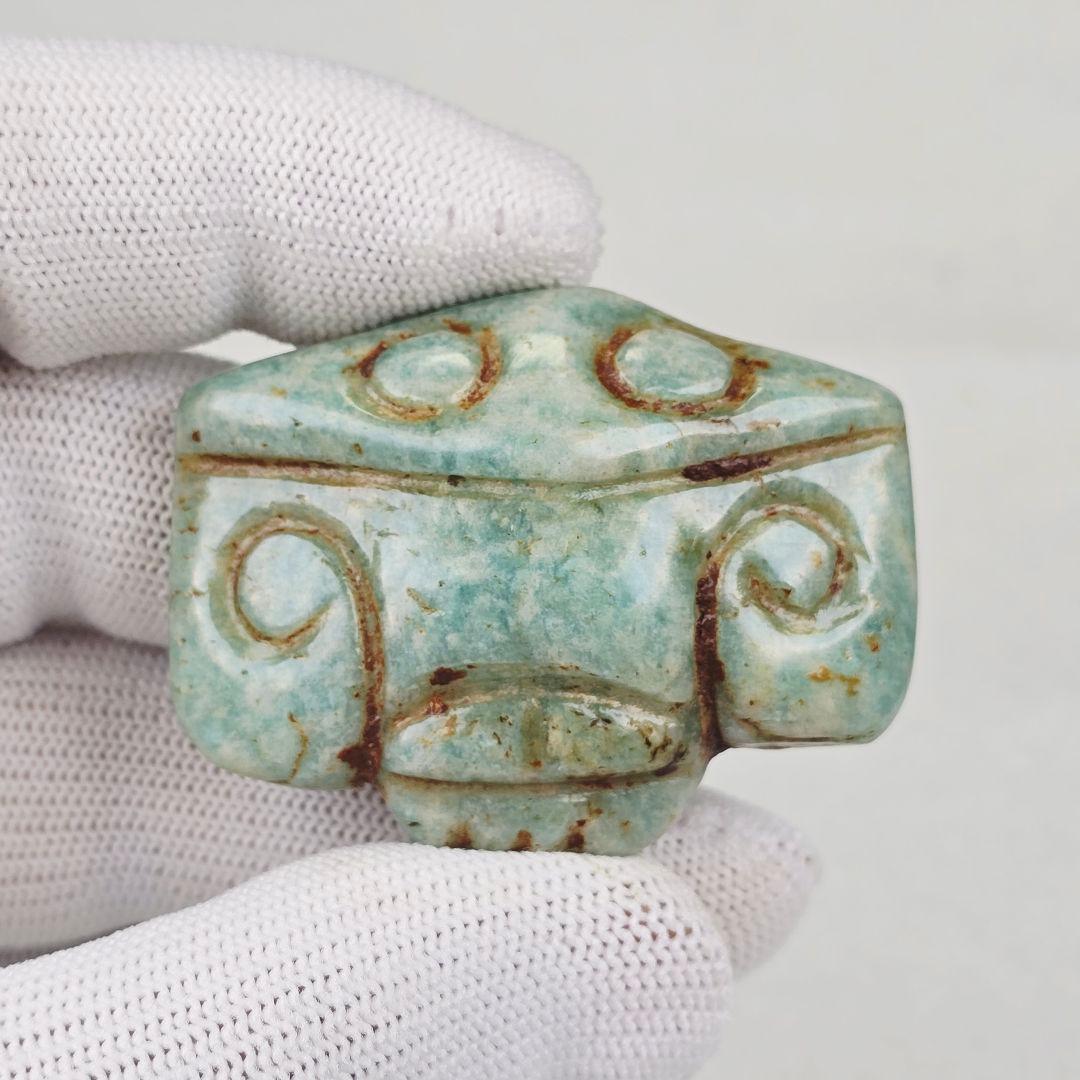 超希少古石器 本物天河石（アマゾン石）手彫 紅山文化玉鴞 玉鷹 根付 通霊玉礼器