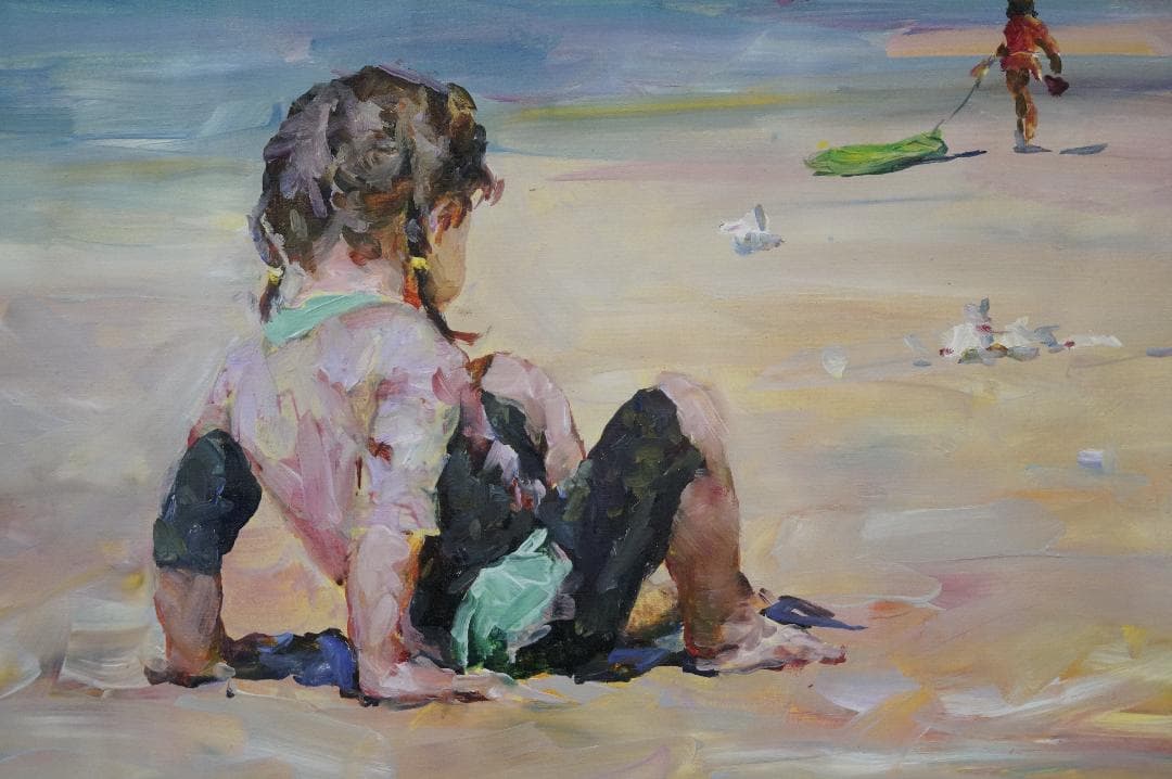 ホンビン・ヅォーHongbin Zhao砂浜で◆油彩◆額装◆直筆サイン◆箱付