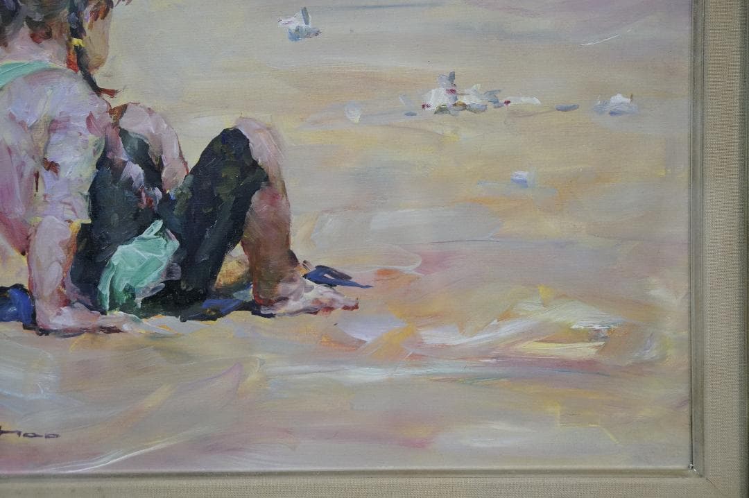 ホンビン・ヅォーHongbin Zhao砂浜で◆油彩◆額装◆直筆サイン◆箱付