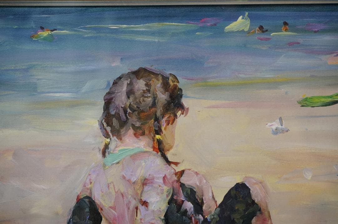 ホンビン・ヅォーHongbin Zhao砂浜で◆油彩◆額装◆直筆サイン◆箱付