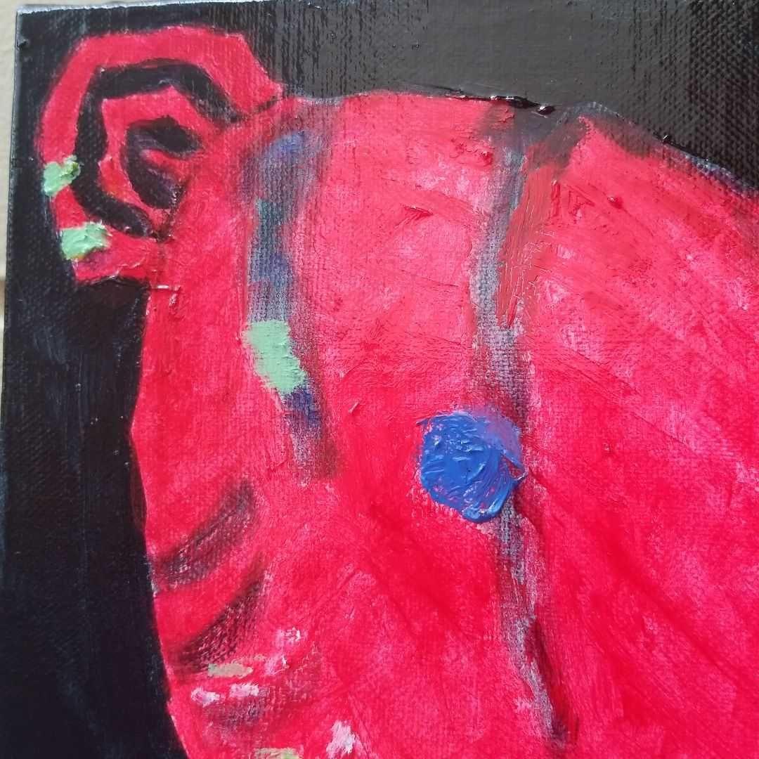 油絵　専用　赤い鳥の家族と赤い花