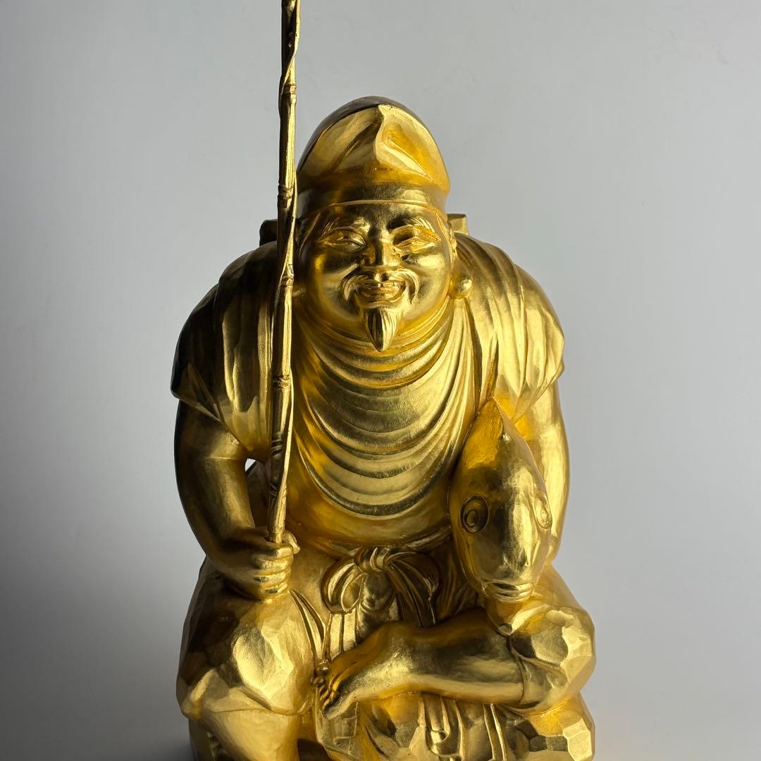仏師 先崎栄伸 銅ブロンズ 金箔仕上『恵比寿』置物 共箱 定価68万円 仏教美術