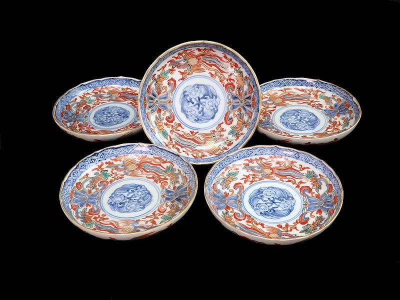 古伊万里　金襴手　鳳凰に花の図　４寸皿　５枚 　C237AS-COr