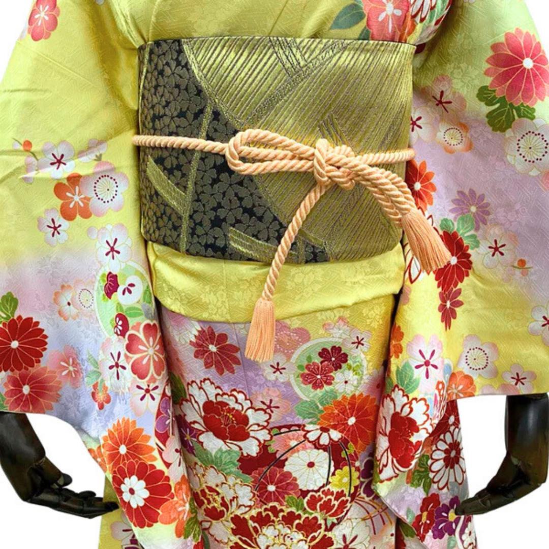 【お得品】 振袖セット 成人式 正絹 古典柄 振袖 黄色 S220 ●
