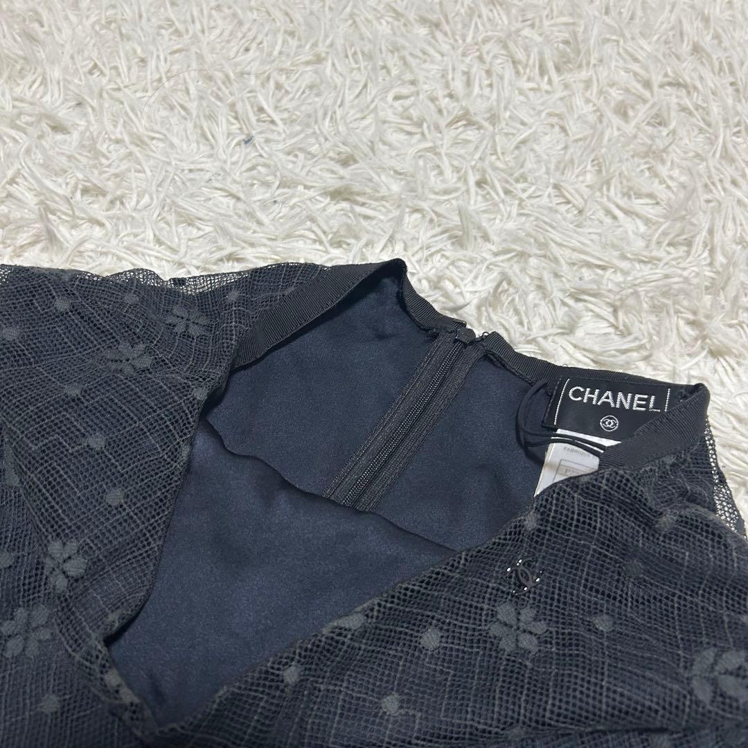 CHANEL 03A ココマーク 花柄刺繍 レース チュール フレアスカート40
