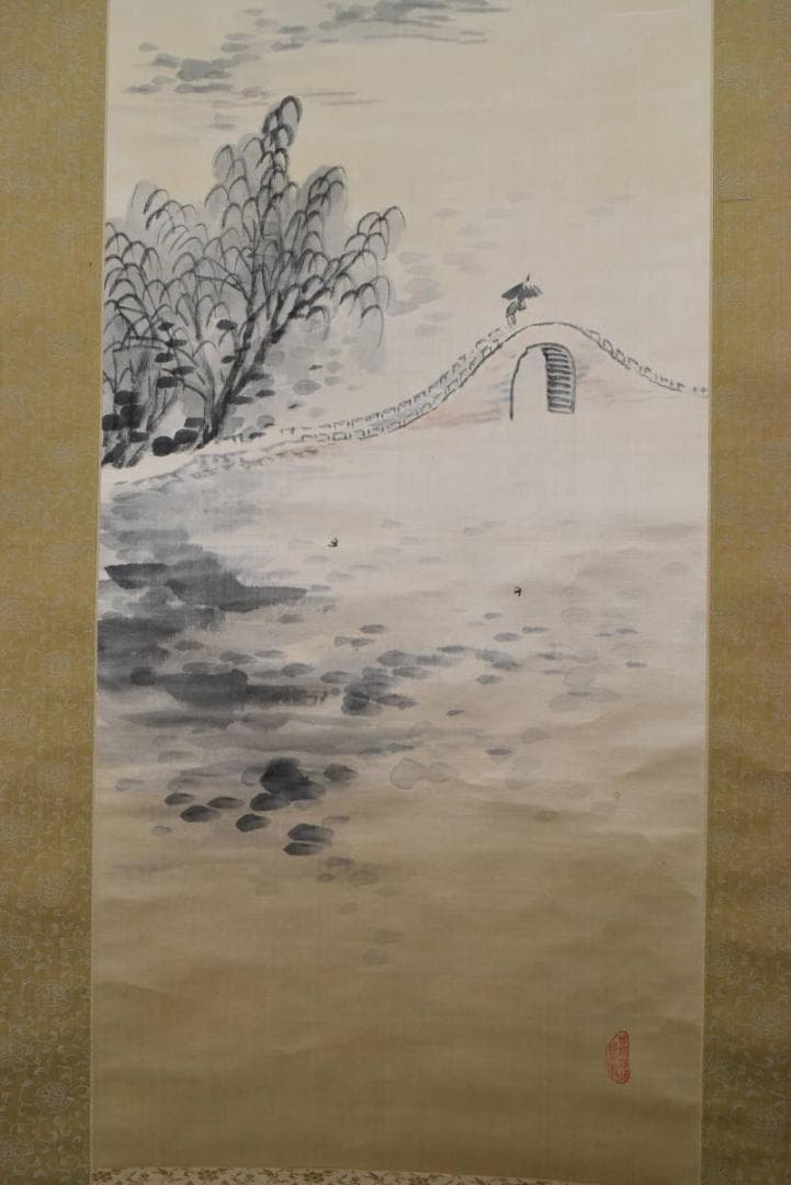 【真作】福田浩湖/西湖暁雨/中国山水図/山水人物図/掛軸/名家伝来/AA-573