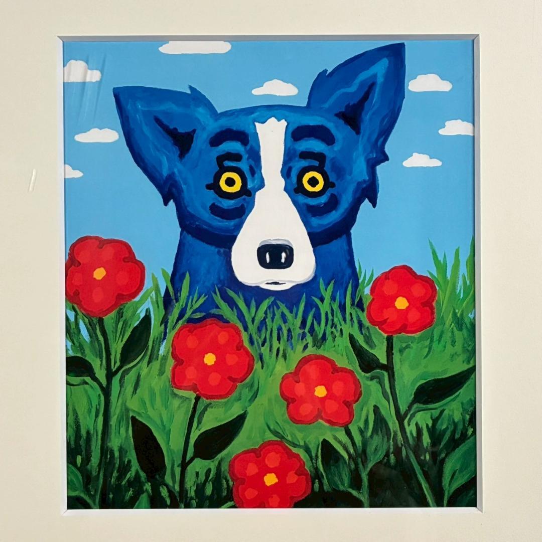 ジョージ・ロドリーゲ「ブルードッグ」額縁入り 幸運の青い犬 可愛い