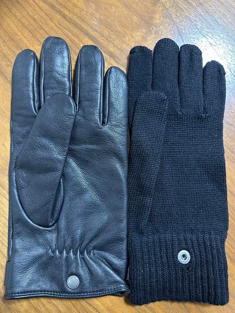 （未使用）COACH人気の黒レザー、ニットコラボ手袋Lサイズ男性