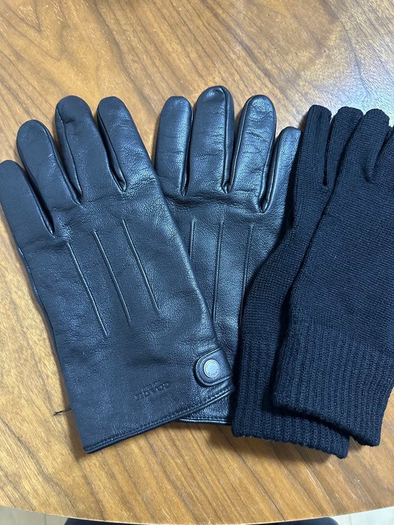 （未使用）COACH人気の黒レザー、ニットコラボ手袋Lサイズ男性