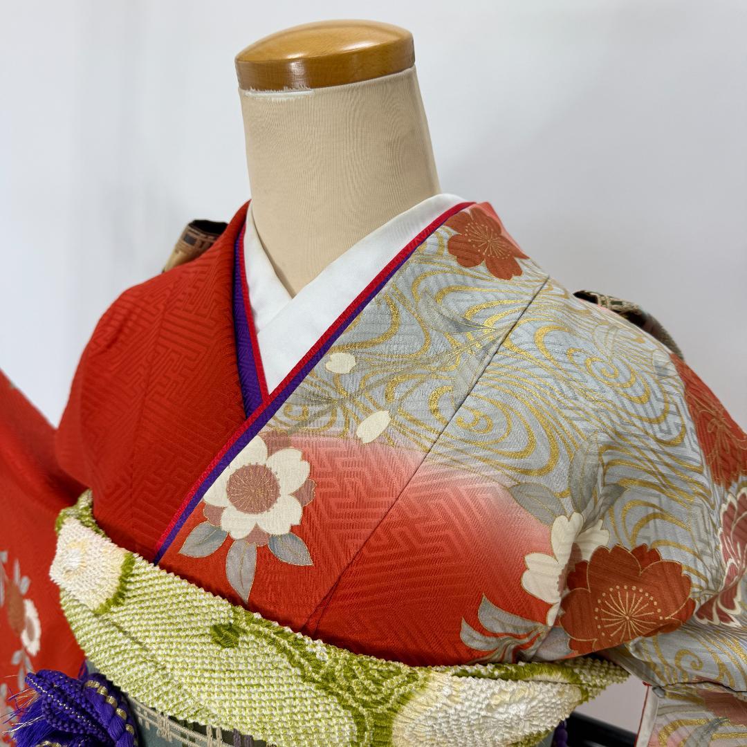 振袖フルセット 朱色 グレー 成人式 草履バック付 裄66cm S-211