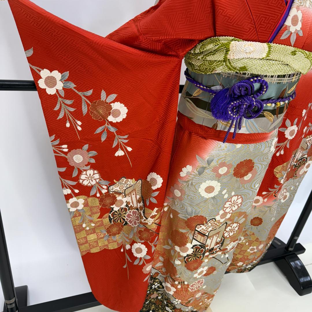 振袖フルセット 朱色 グレー 成人式 草履バック付 裄66cm S-211