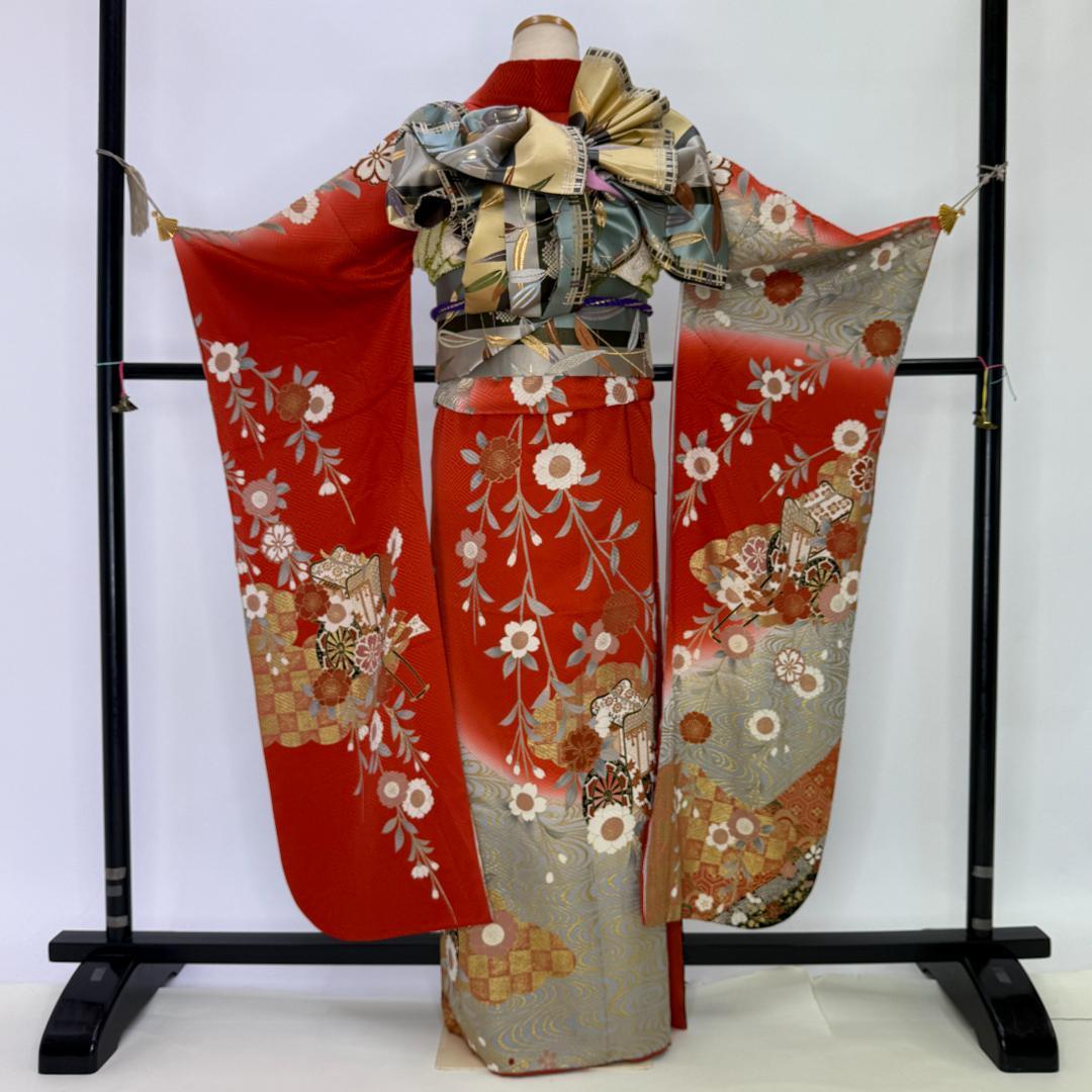 振袖フルセット 朱色 グレー 成人式 草履バック付 裄66cm S-211