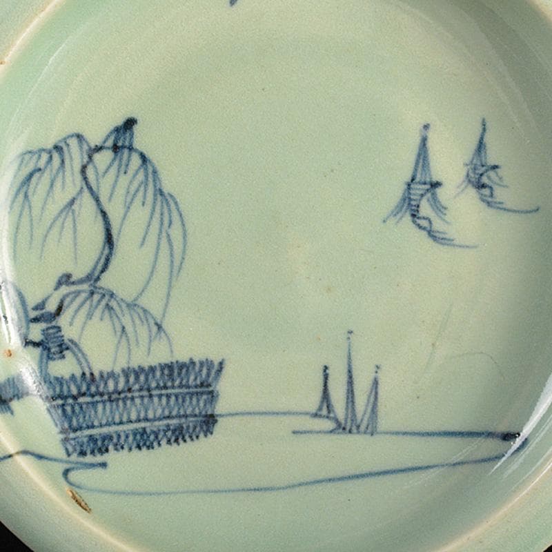 有田焼　初期有田　鍋島青磁　柴垣柳文鉢　高足皿　時代箱付　V　R6606