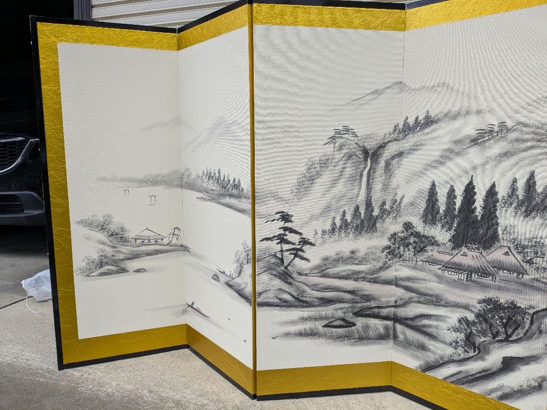 【秀峰銘】山水図屏風 風景図約259×116㎝ 金紙 片面 六曲 屏風 日本画