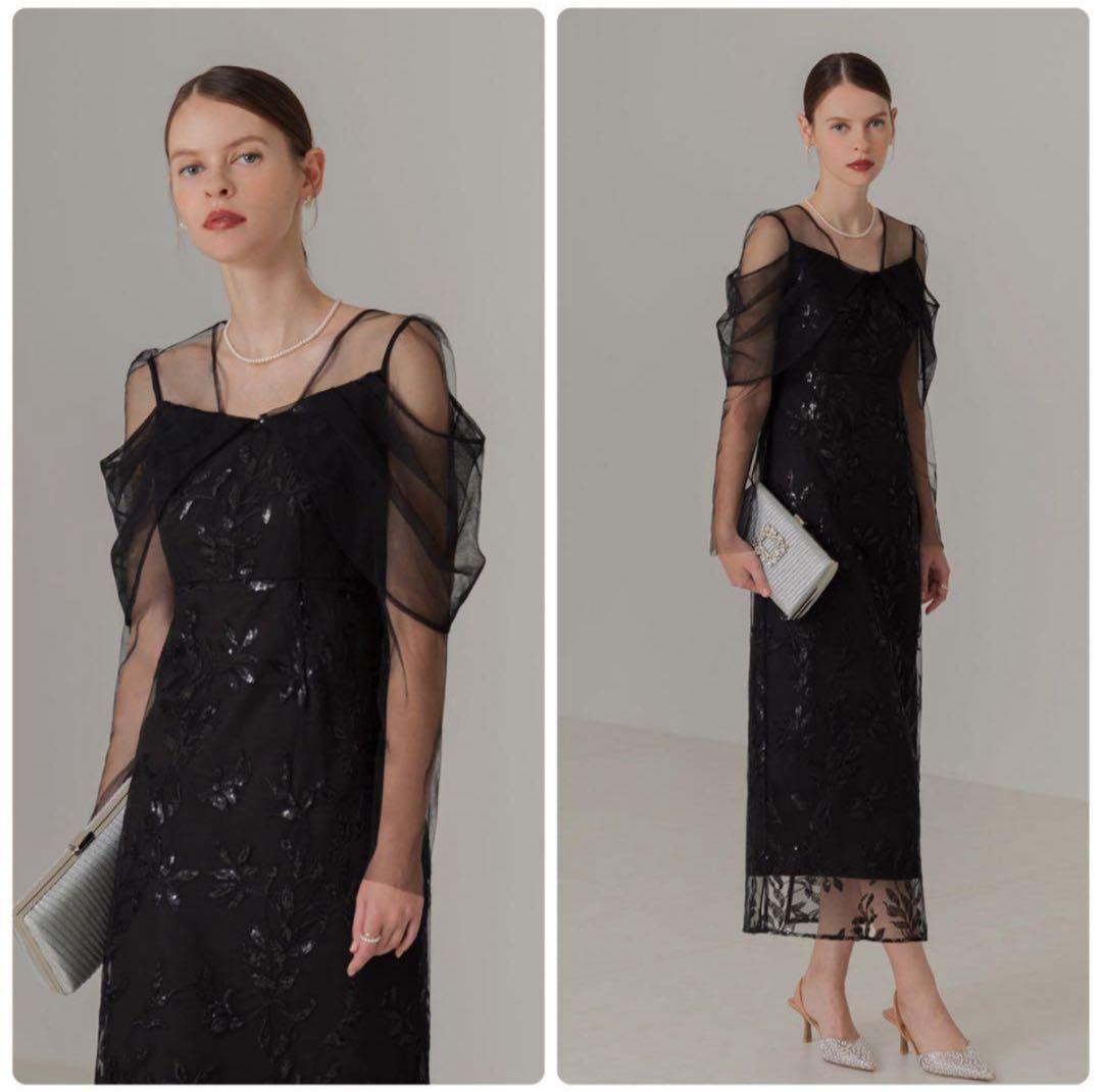 新品 Leja チュールロングスリーブリーフIラインドレスワンピース S 黒