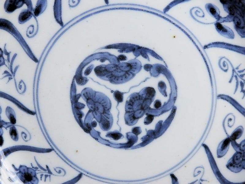 古伊万里　染付　なずな紋　霊芝紋の図　６寸皿　E611 AS-CQo