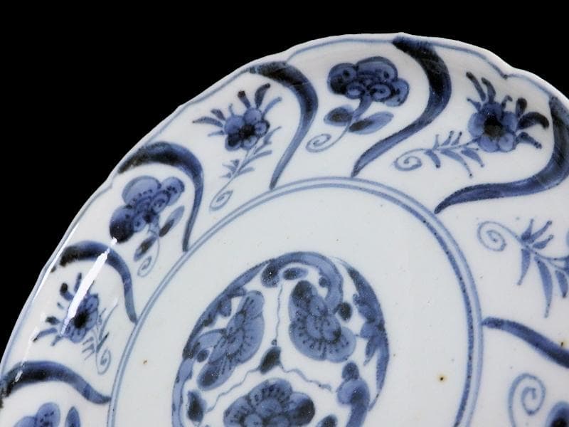 古伊万里　染付　なずな紋　霊芝紋の図　６寸皿　E611 AS-CQo