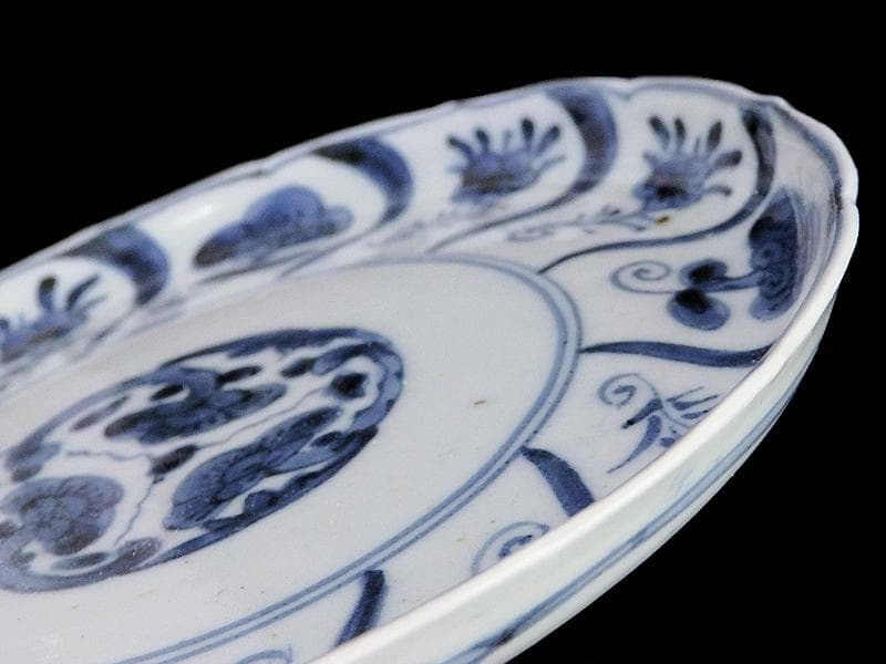 古伊万里　染付　なずな紋　霊芝紋の図　６寸皿　E611 AS-CQo