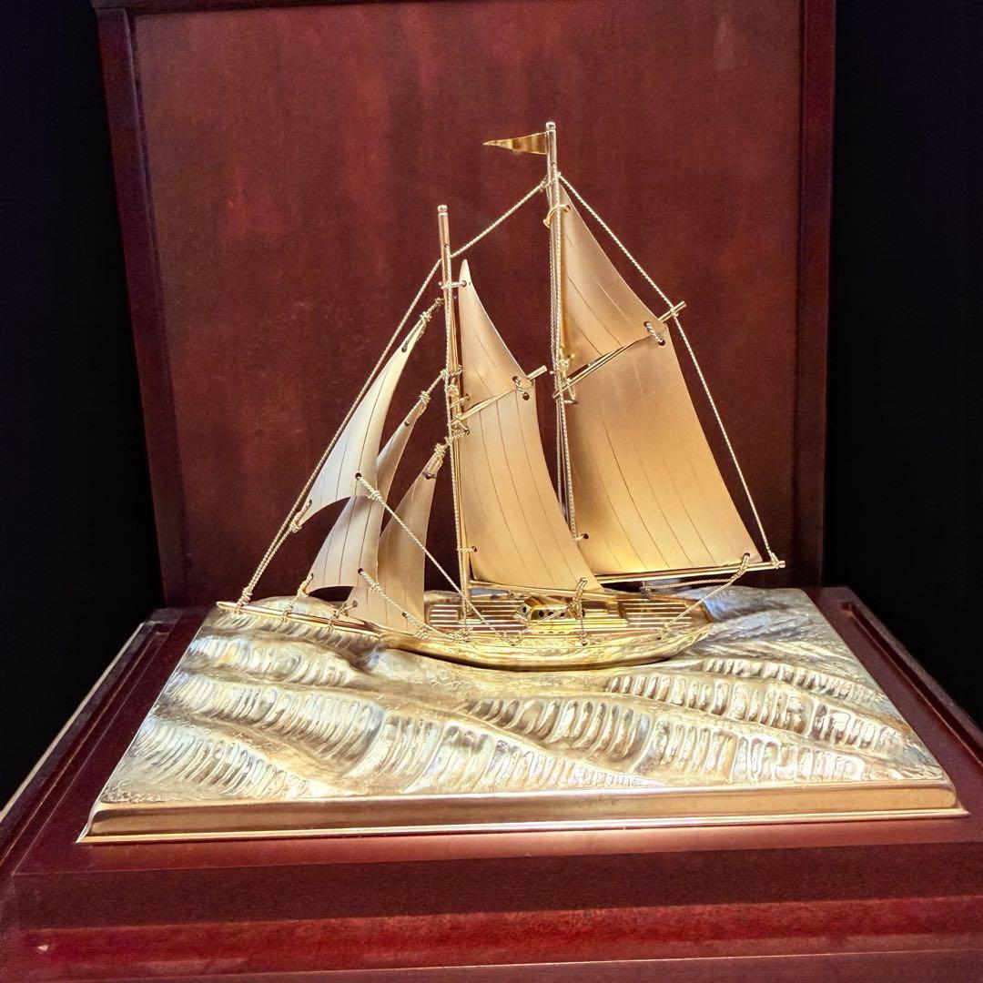 純銀シルバー985刻印/銀製ヨット2本マスト置物/オブジェ/銀船