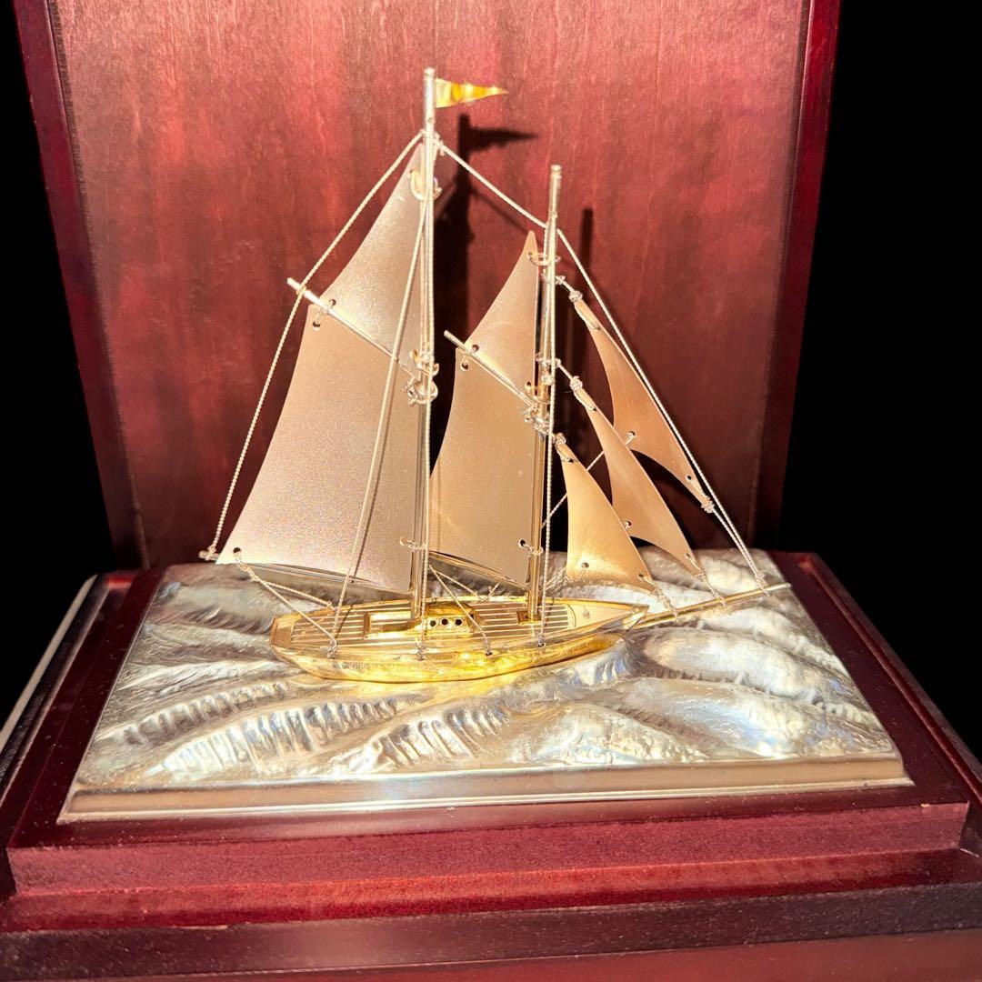純銀シルバー985刻印/銀製ヨット2本マスト置物/オブジェ/銀船