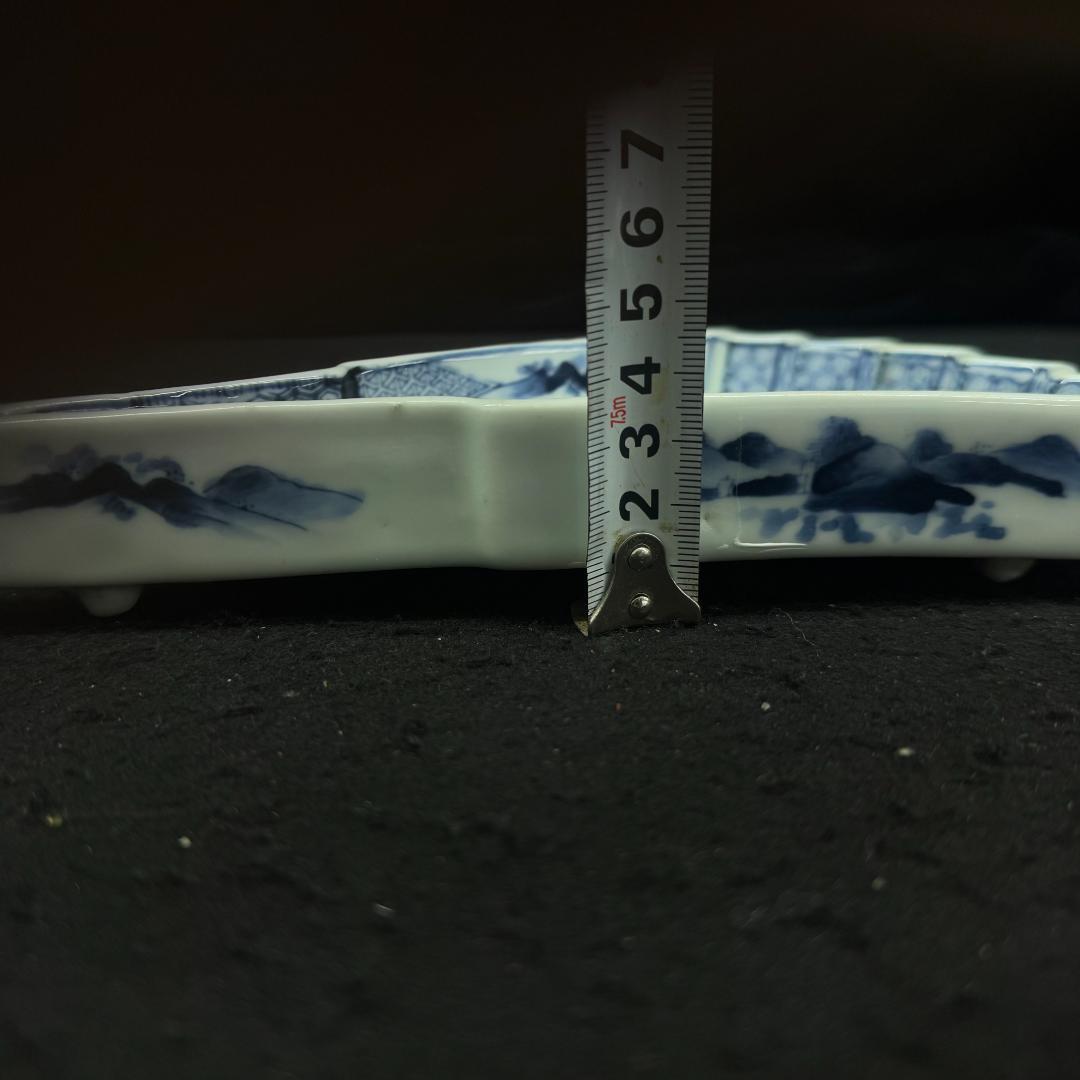 大日本永楽造　染付山水絵　半開き扇子型向付5点　骨董　アンティーク