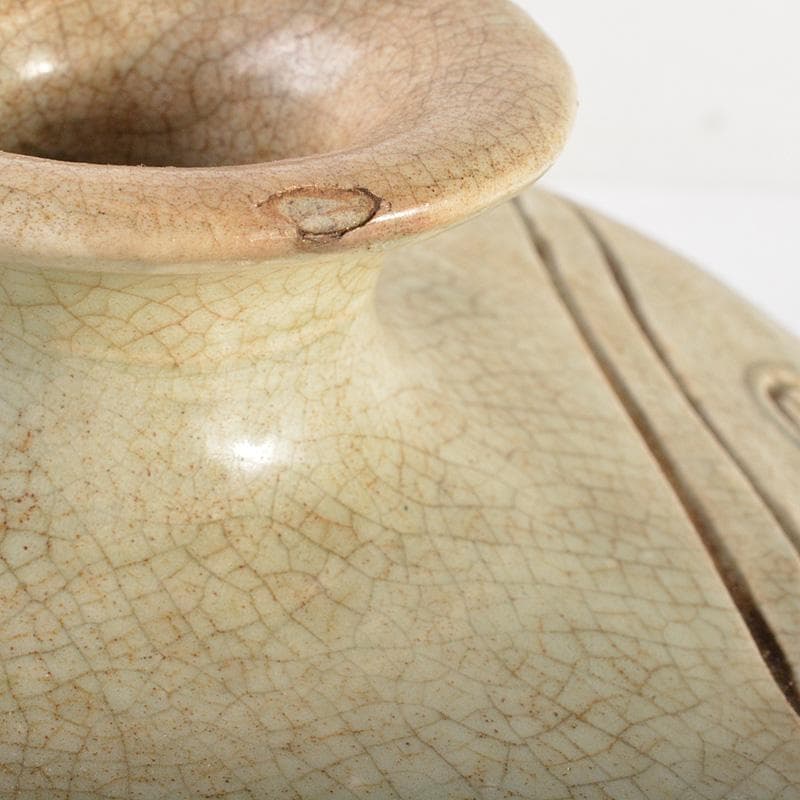 中国　磁州窯　白磁　掻落し　花文　扁壷　M　R7387F