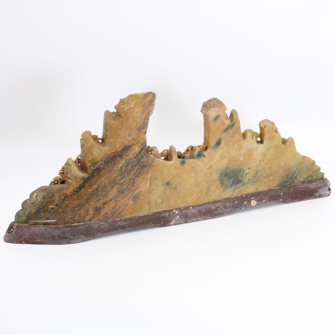 玉石蝋石青田石 楼閣山水雕 中国 床飾 置物　V201