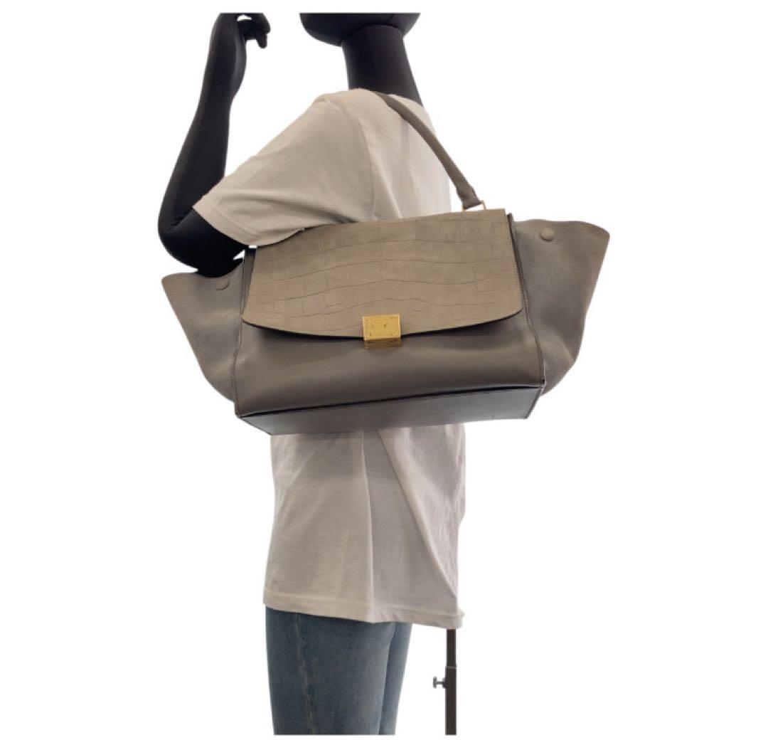 CELINE セリーヌ 型押し トラペーズ ミディアム グレー ゴールド金具