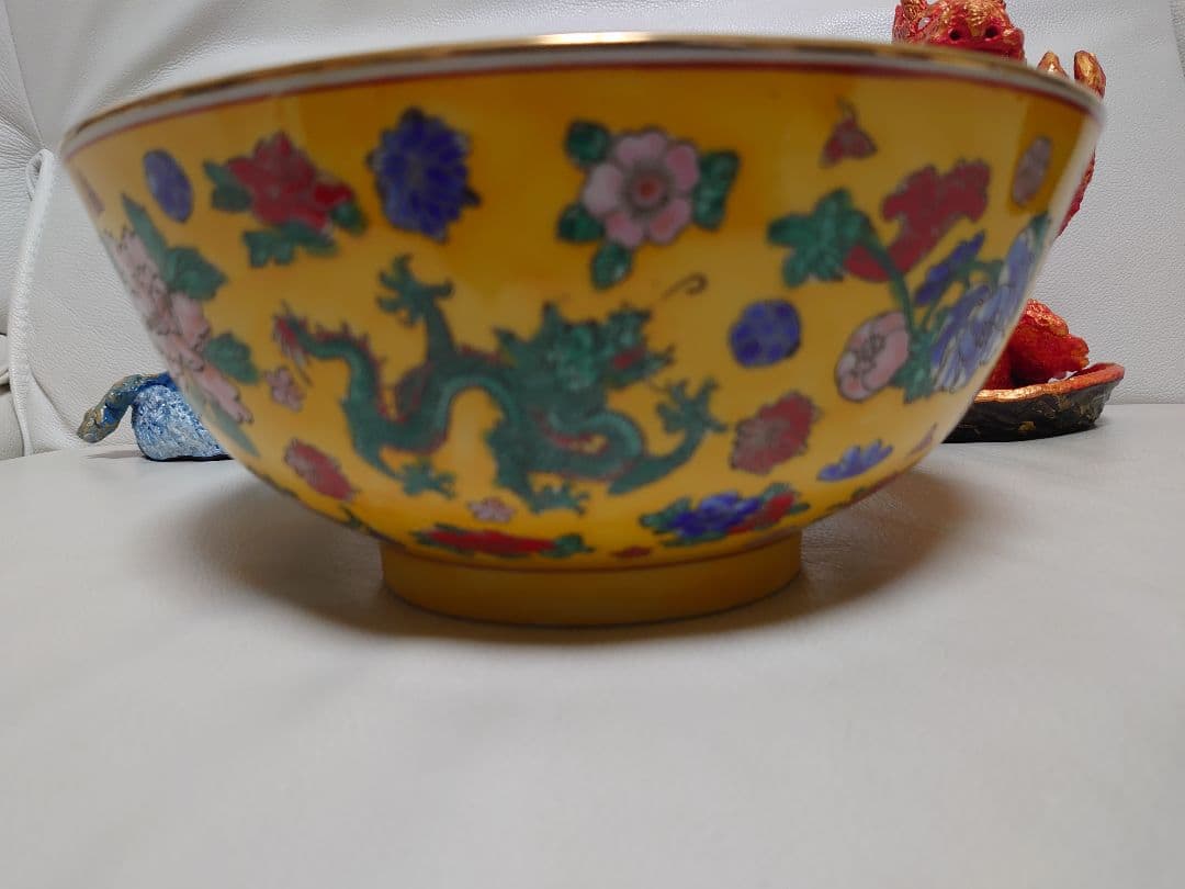 開運 金運 龍 龍神 龍柄中国製大型陶器 【金運 黄色イエロー】