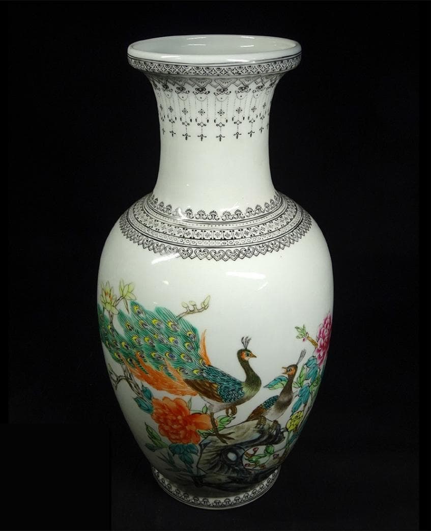 中国古玩 景徳鎮製 孔雀漢詩文大花瓶 高約36cm 時代物 粉彩 c100902