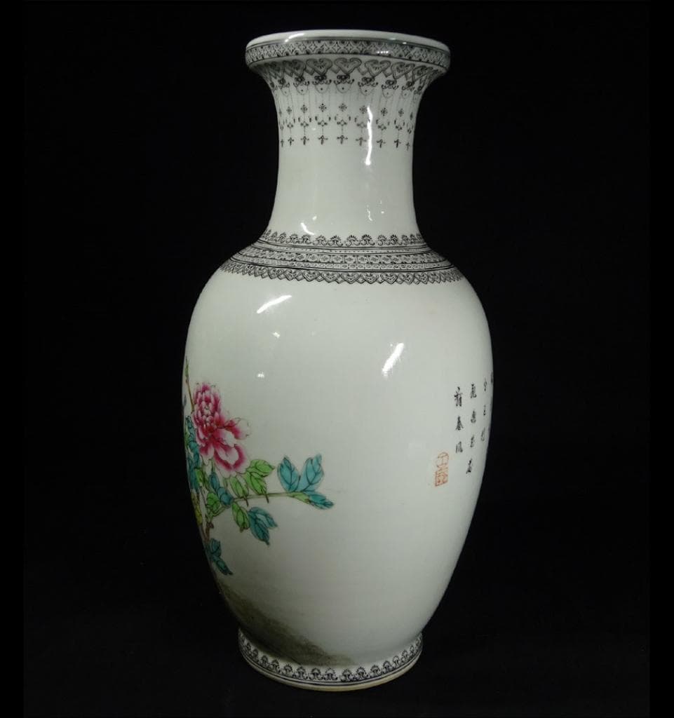 中国古玩 景徳鎮製 孔雀漢詩文大花瓶 高約36cm 時代物 粉彩 c100902