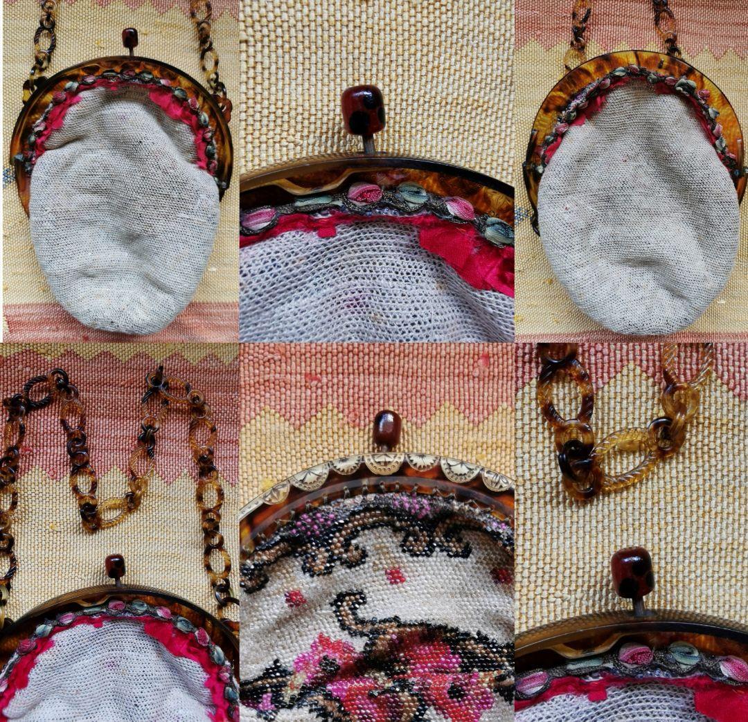 アンティーク マイクロベビービーズ花刺繍レース編巾着バッグ アールヌーボー