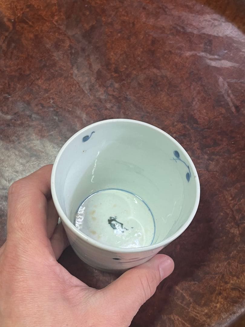 古伊万里　蕎麦猪口　そば猪口　兜　梅　鳥　染付