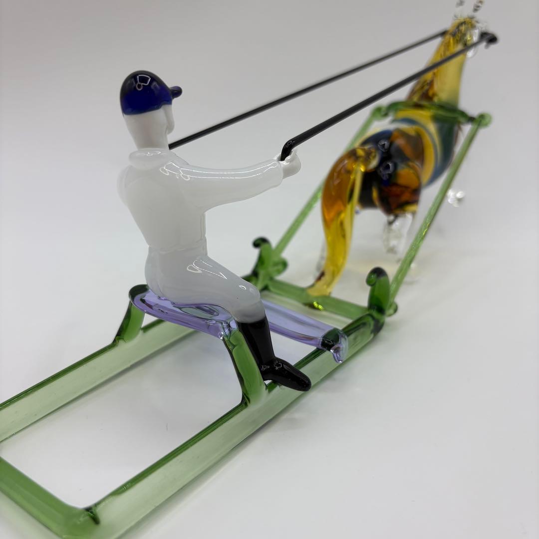 ガラス工芸 馬と騎手 ソリを操るオブジェ インテリア置物 ガラス細工