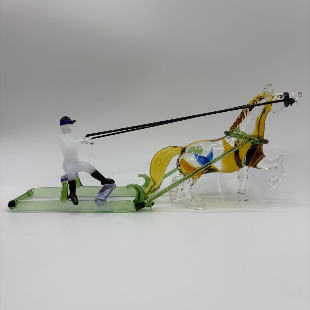 ガラス工芸 馬と騎手 ソリを操るオブジェ インテリア置物 ガラス細工