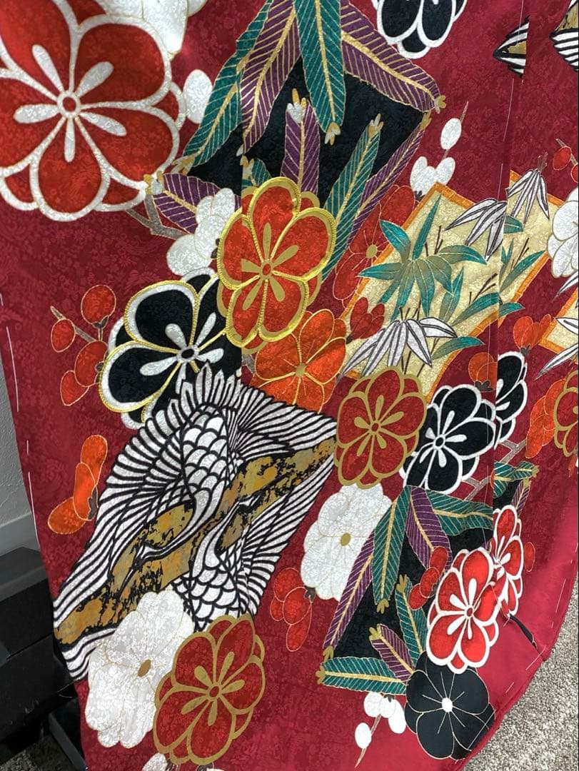 振袖 仮絵羽 舞台衣装 金駒 金彩 紋意匠 松竹梅に鶴 正絹 未仕立て品 八掛付