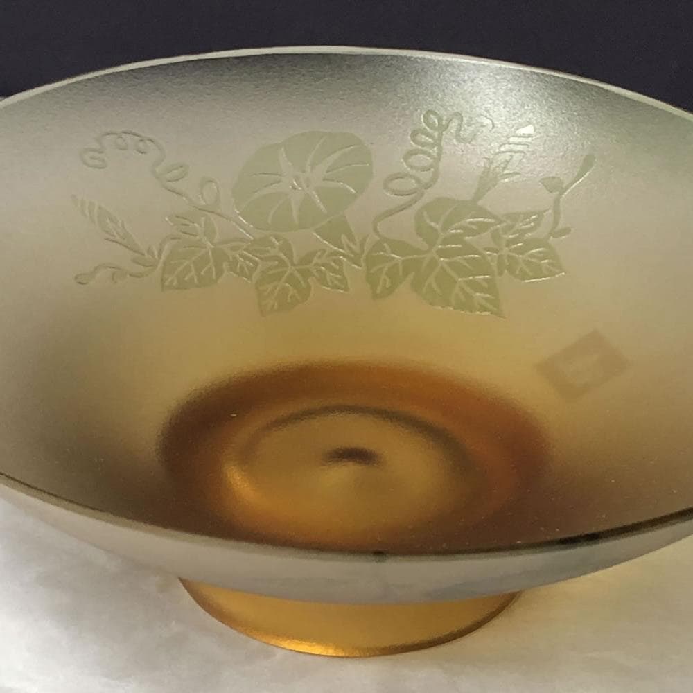 e2986 ガラス 平茶碗 在銘 朝顔図 アサガオ 抹茶碗 硝子 茶碗 茶道具